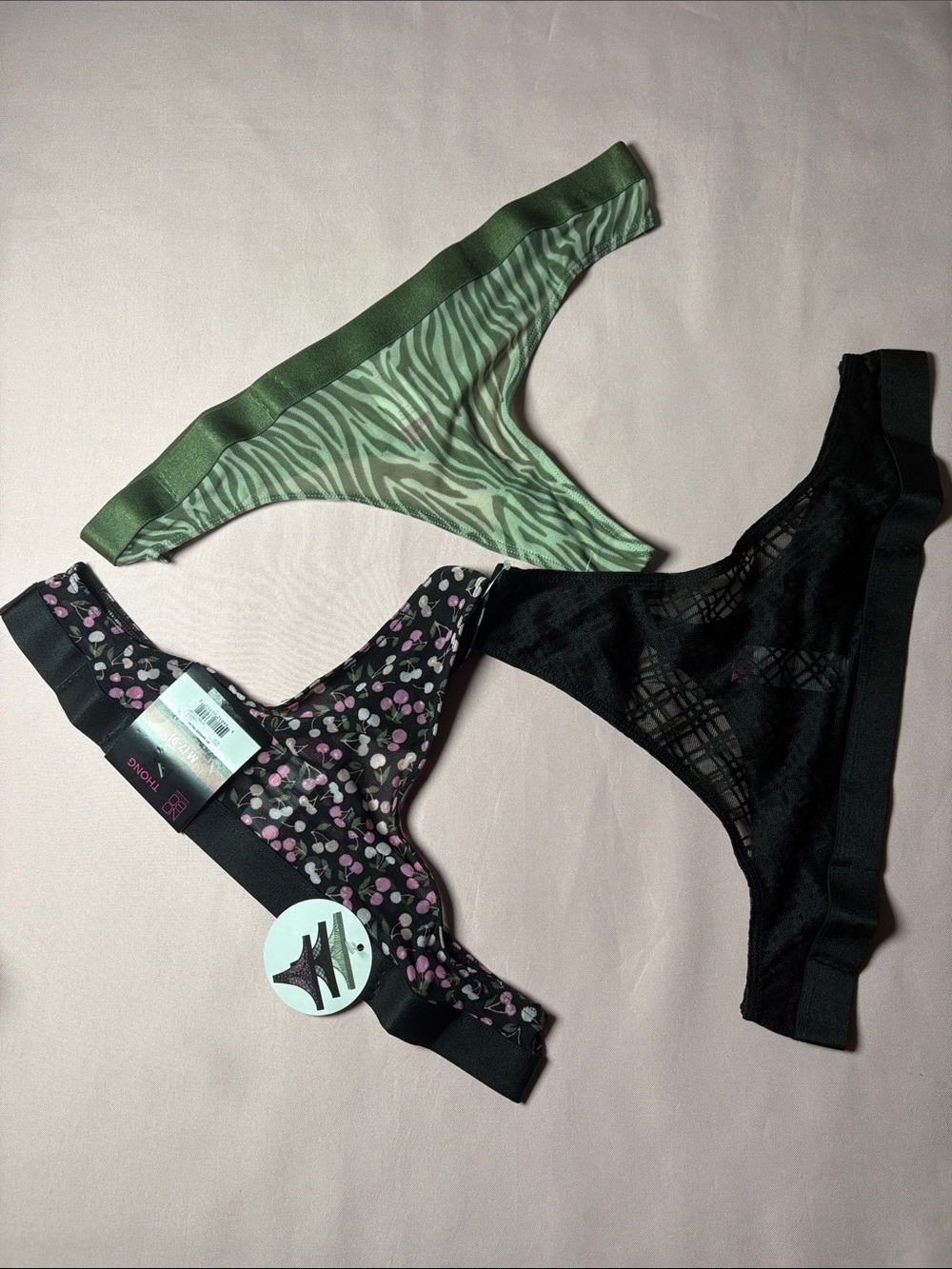 3-Pack Thong Set - Green Zebra, Black Lace, Black with Pink Dot